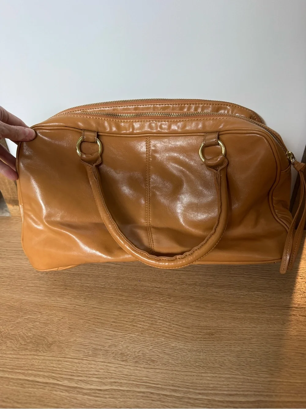 Christian Audigier Tan Satchel with Black Trim and Gold Hardware
